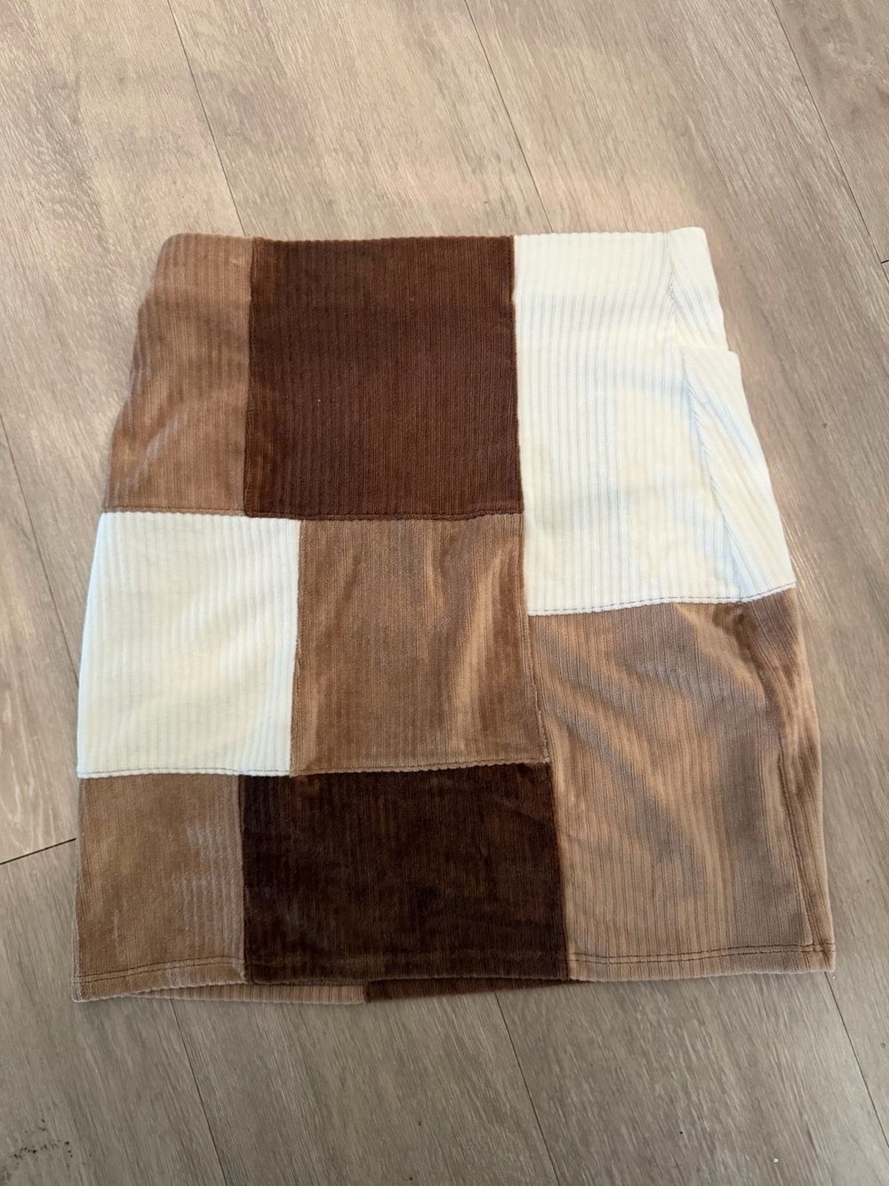 Derek Heart Patchwork Corduroy Mini Skirt in Brown and Cream Tones